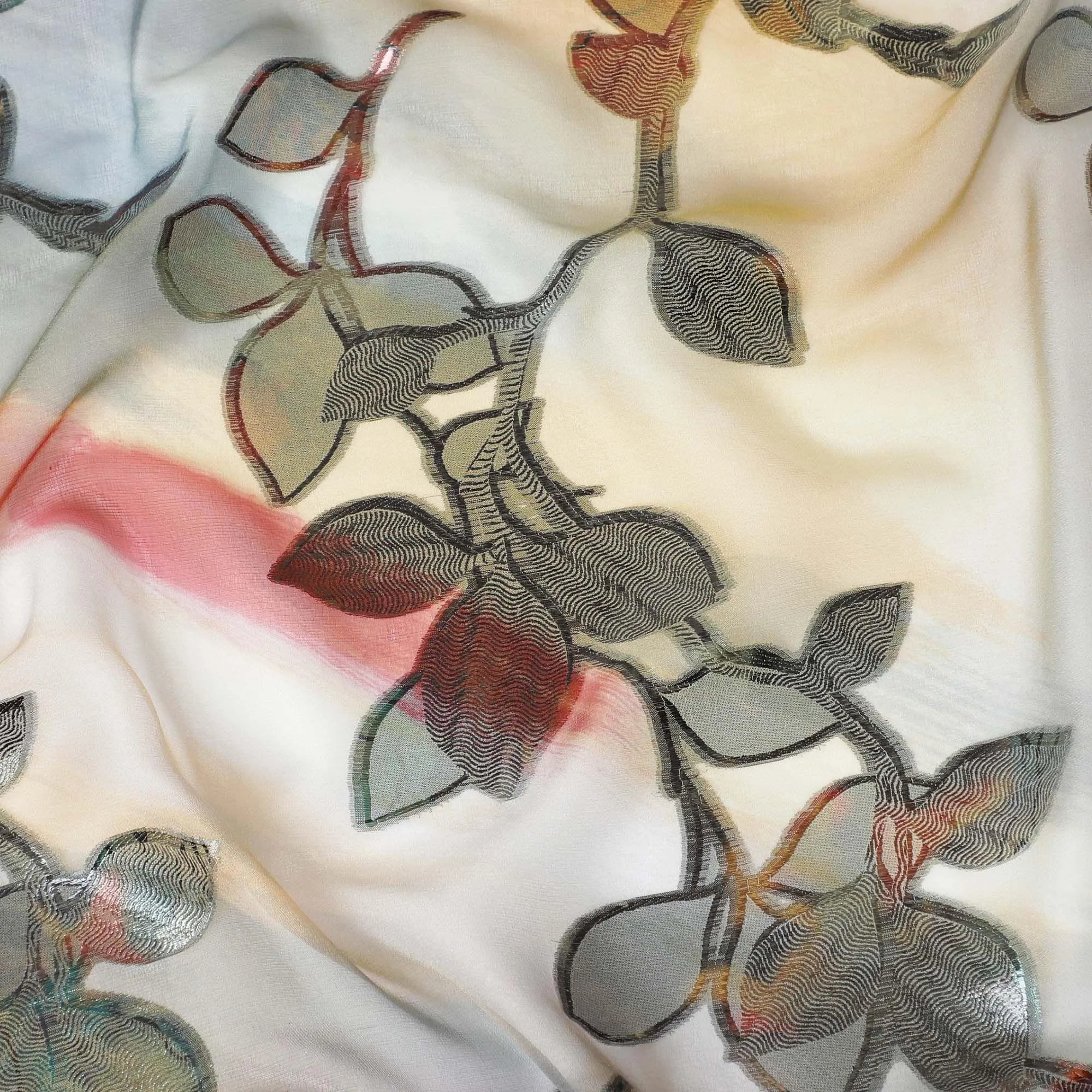 Multicolor premium Pure silk chiffon printed fabric with multicolor metallic lurex in floral design-D9340