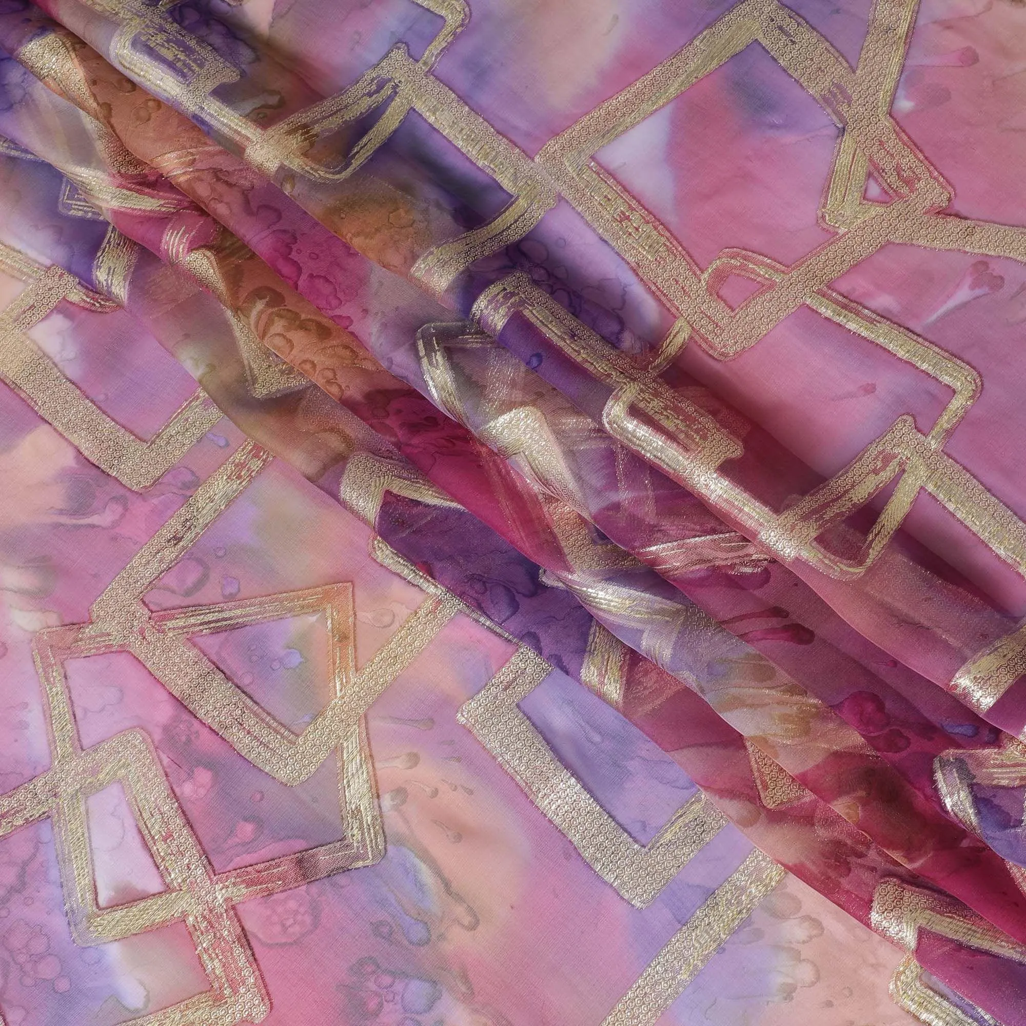 Multicolor Premium pure silk chiffon with gold metallic lurex in abstract design-D11373