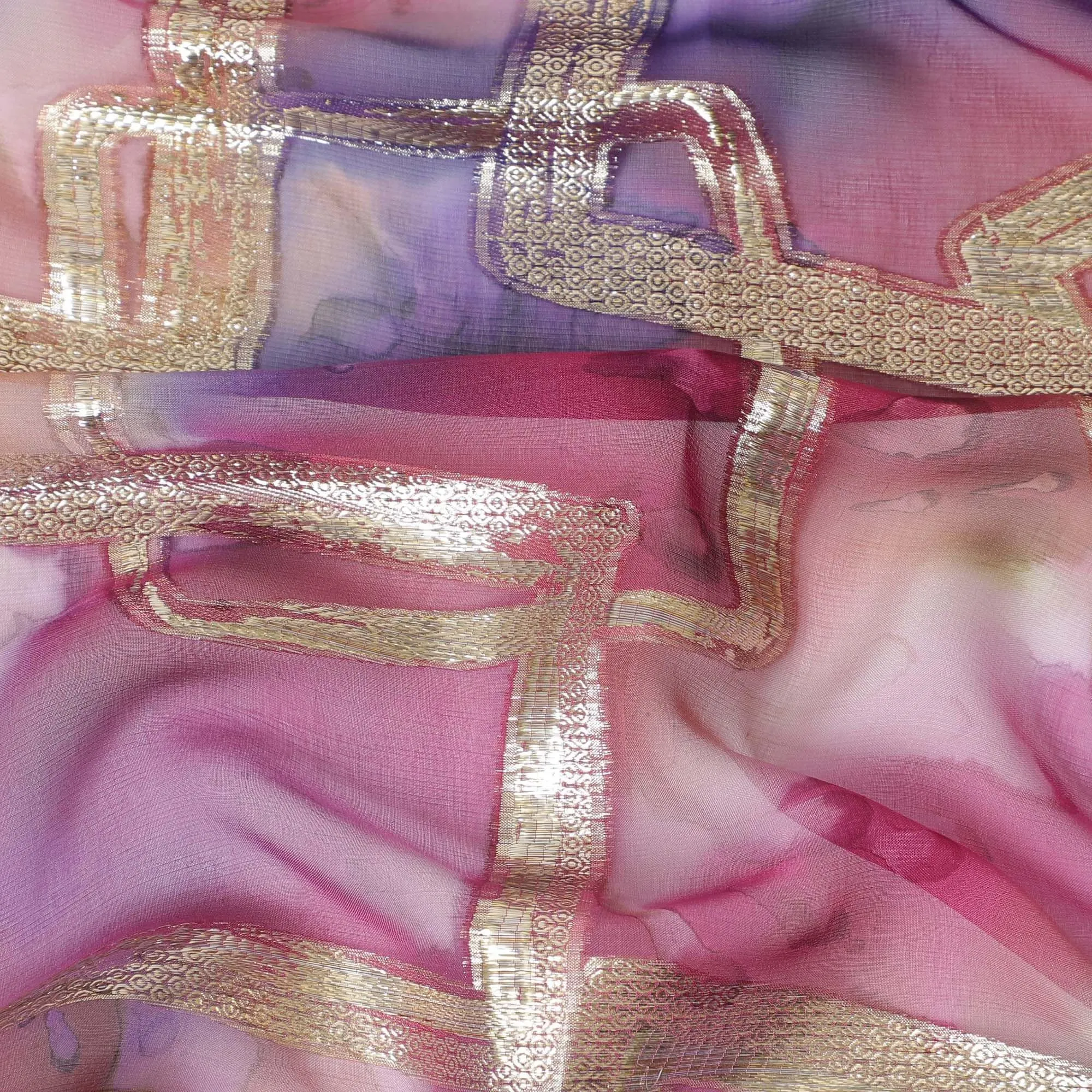 Multicolor Premium pure silk chiffon with gold metallic lurex in abstract design-D11373