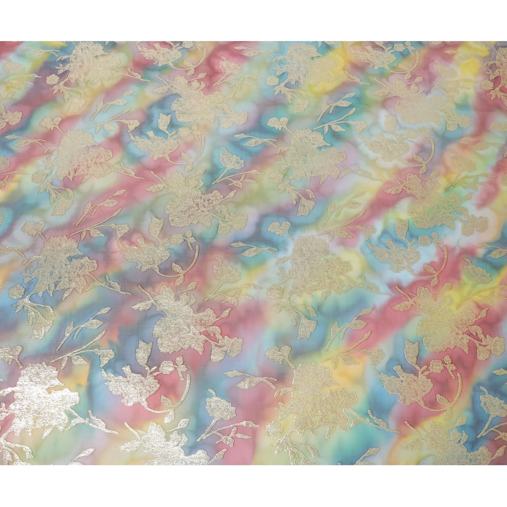 Multicolor Premium pure silk chiffon with gold metallic lurex in floral design-D11382