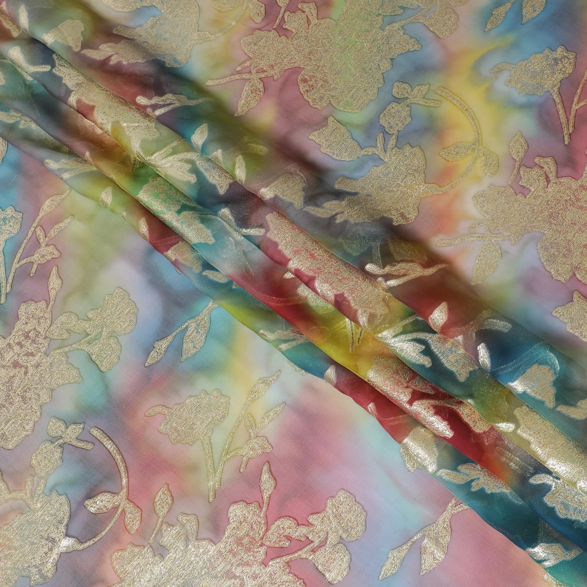 Multicolor Premium pure silk chiffon with gold metallic lurex in floral design-D11382