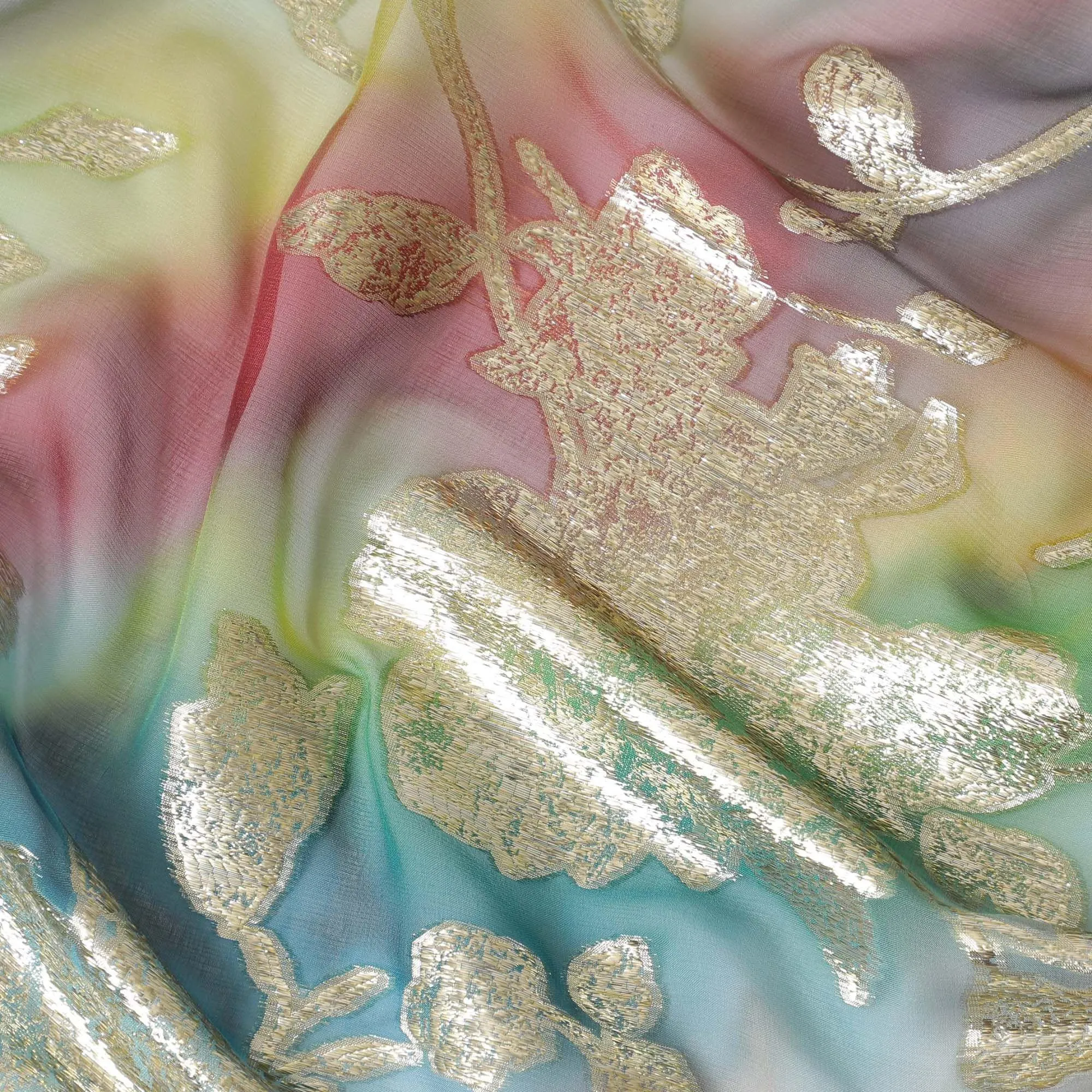 Multicolor Premium pure silk chiffon with gold metallic lurex in floral design-D11382