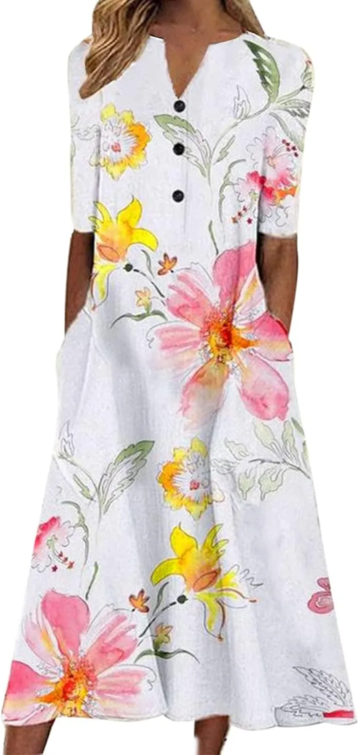 NaRHbrg Womens Summer Dress Casual Floral Print Midi Dress Button V Neck Short Sleeve Dresses Flowy Boho Beach Party Sundress