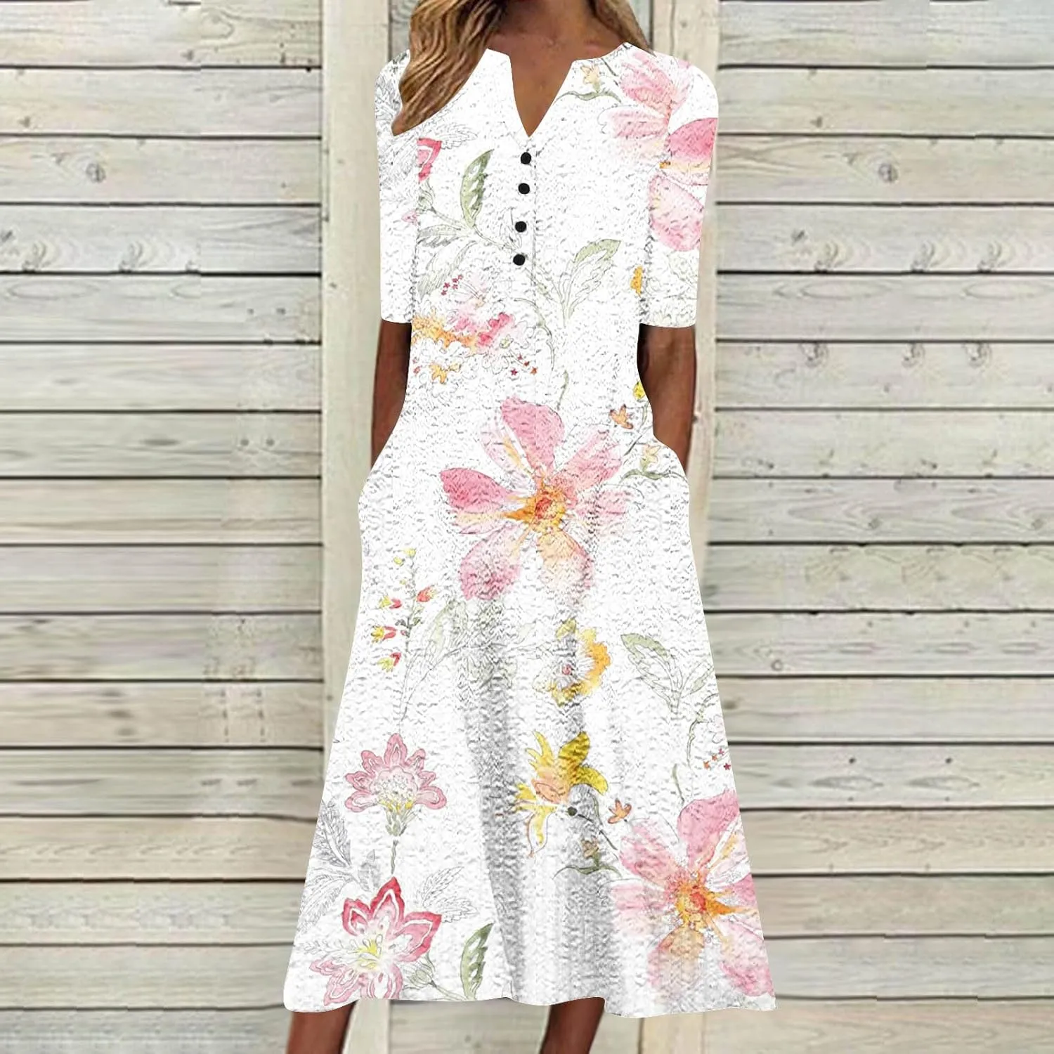 NaRHbrg Womens Summer Dress Casual Floral Print Midi Dress Button V Neck Short Sleeve Dresses Flowy Boho Beach Party Sundress