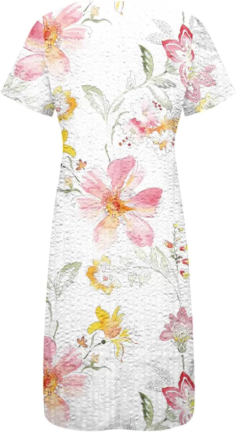 NaRHbrg Womens Summer Dress Casual Floral Print Midi Dress Button V Neck Short Sleeve Dresses Flowy Boho Beach Party Sundress