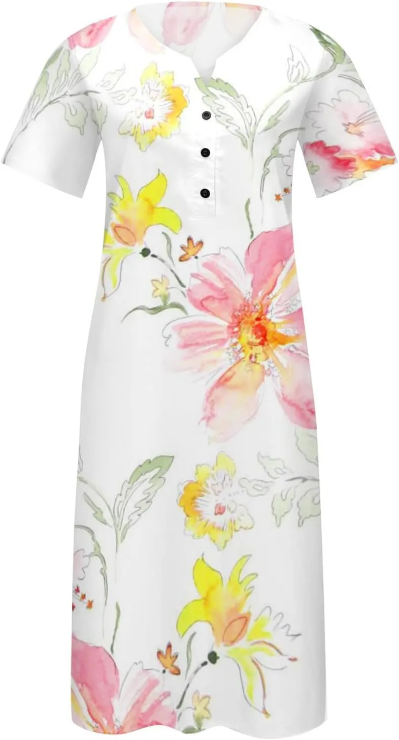 NaRHbrg Womens Summer Dress Casual Floral Print Midi Dress Button V Neck Short Sleeve Dresses Flowy Boho Beach Party Sundress