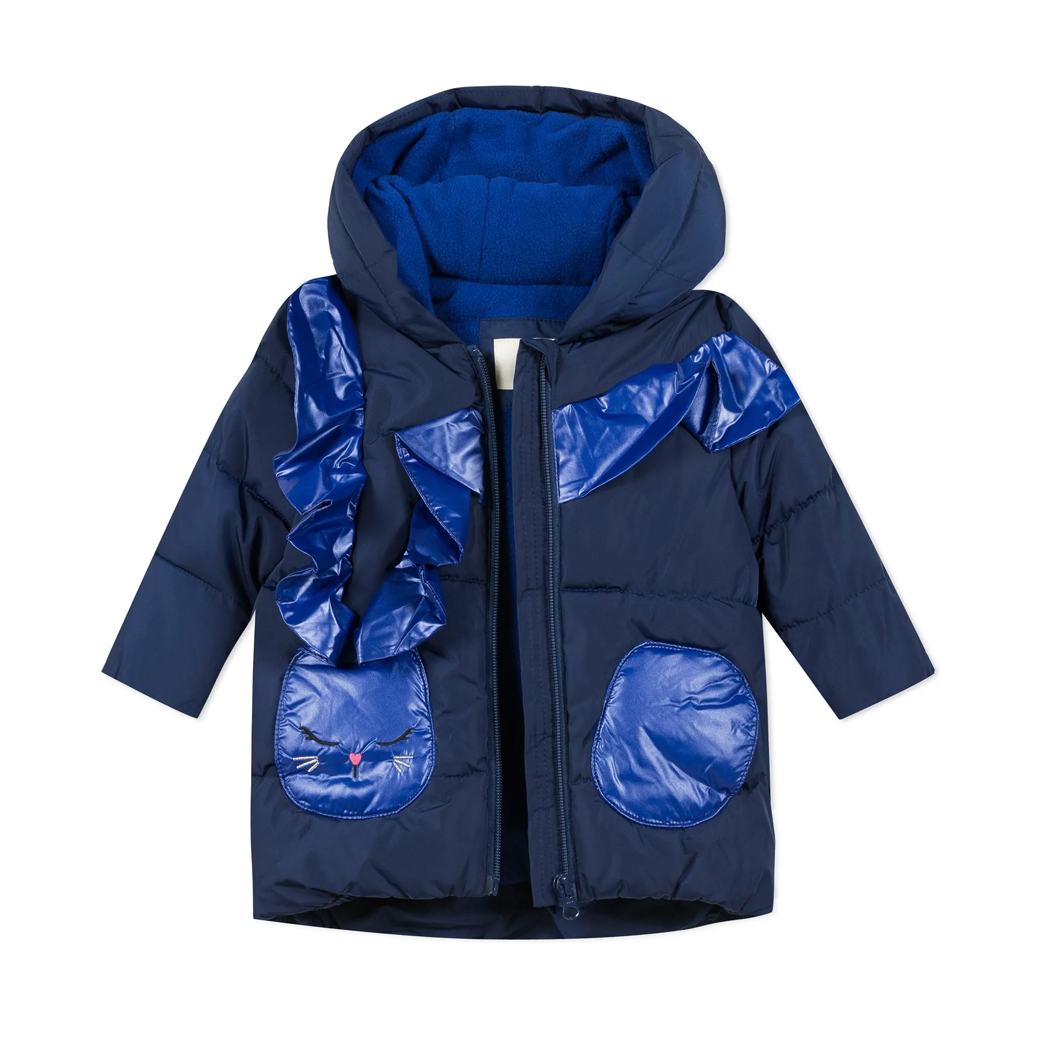 Navy blue puffa jacket with ruffles