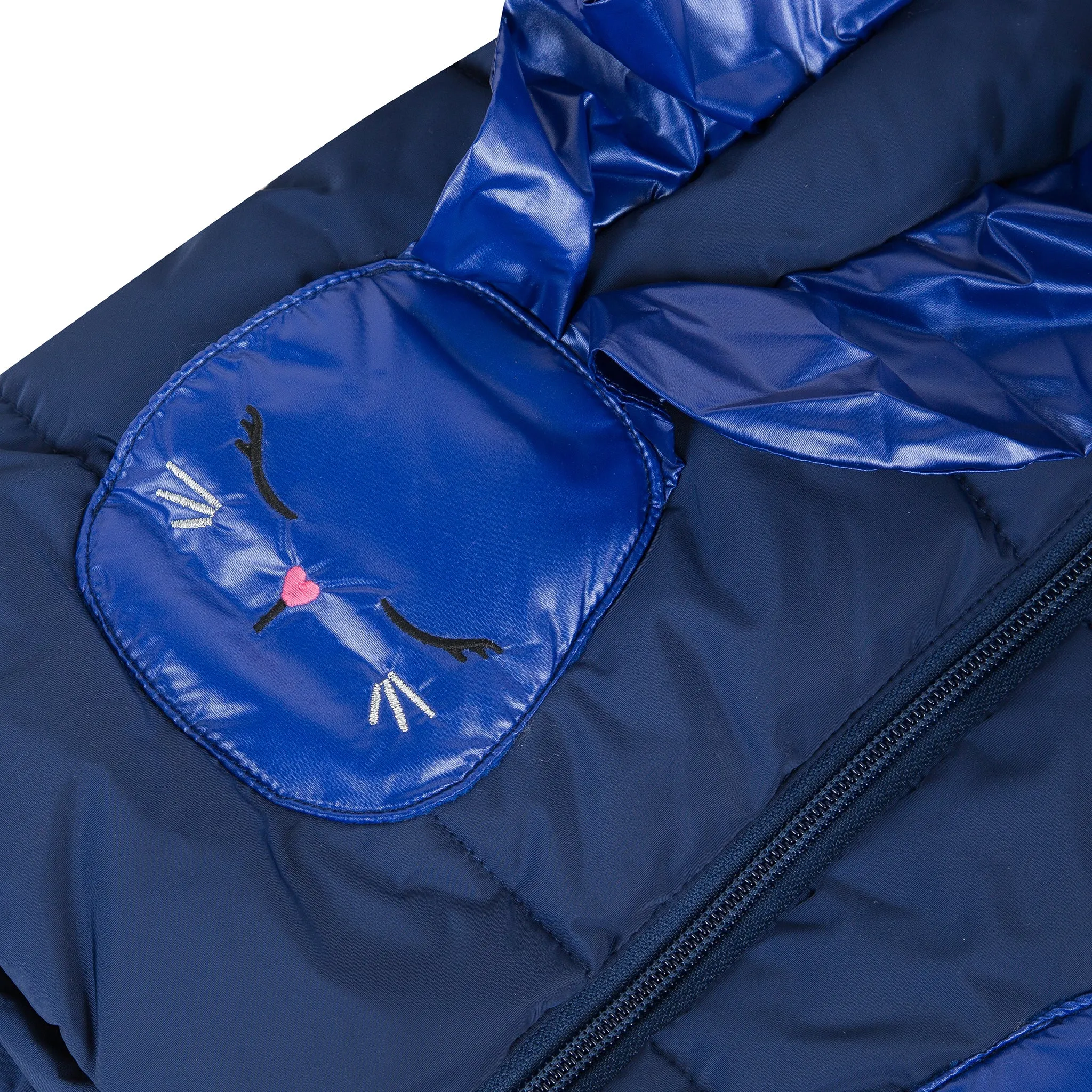 Navy blue puffa jacket with ruffles