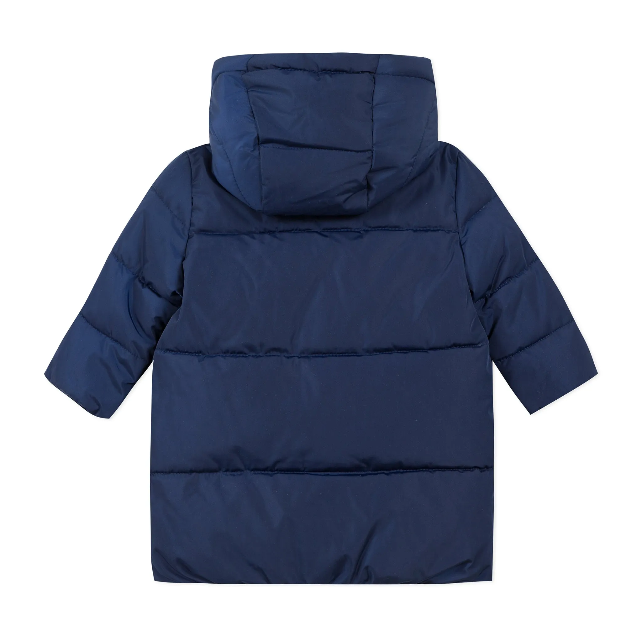 Navy blue puffa jacket with ruffles