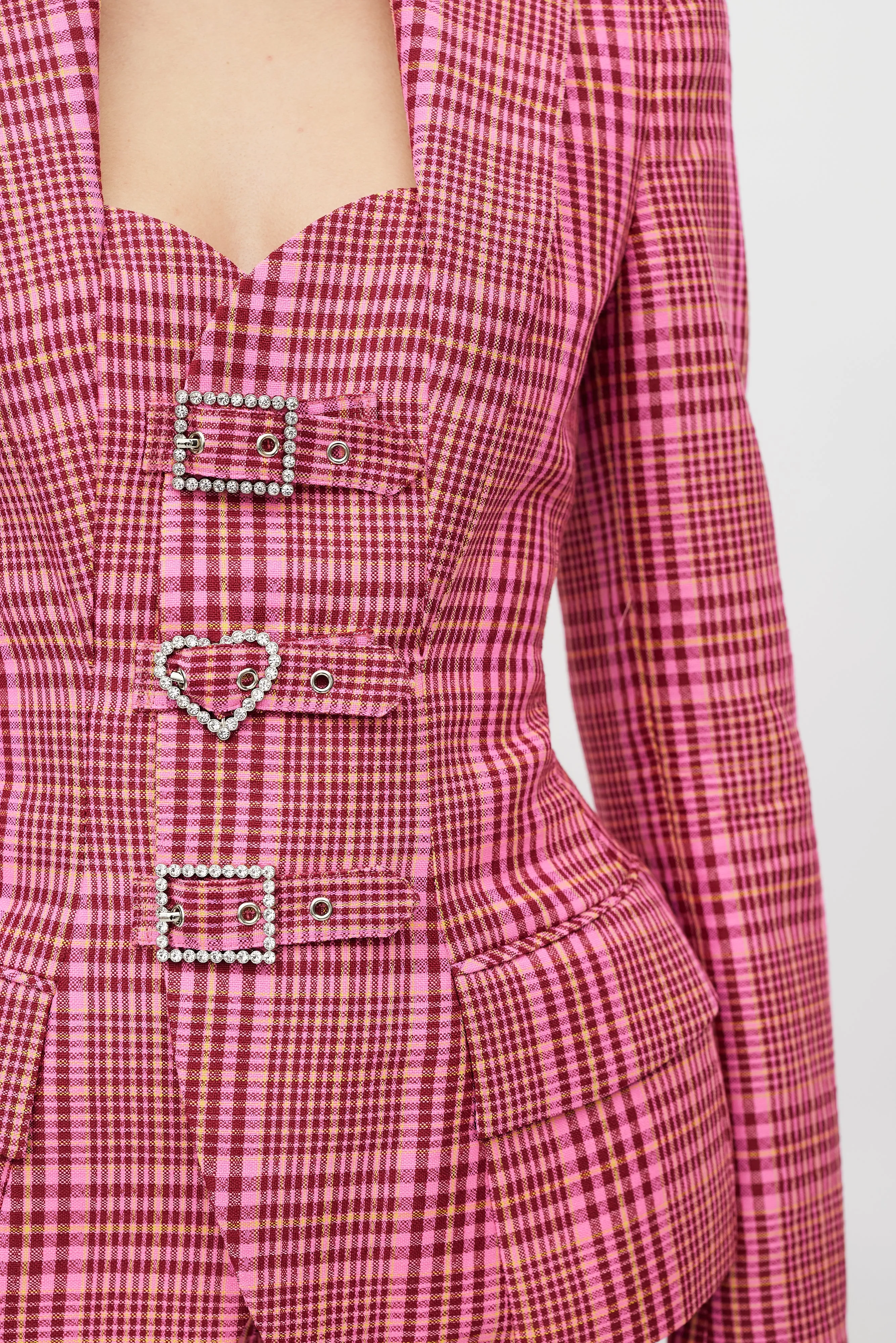 Pink & Multicolour Rhinestone Plaid Suit