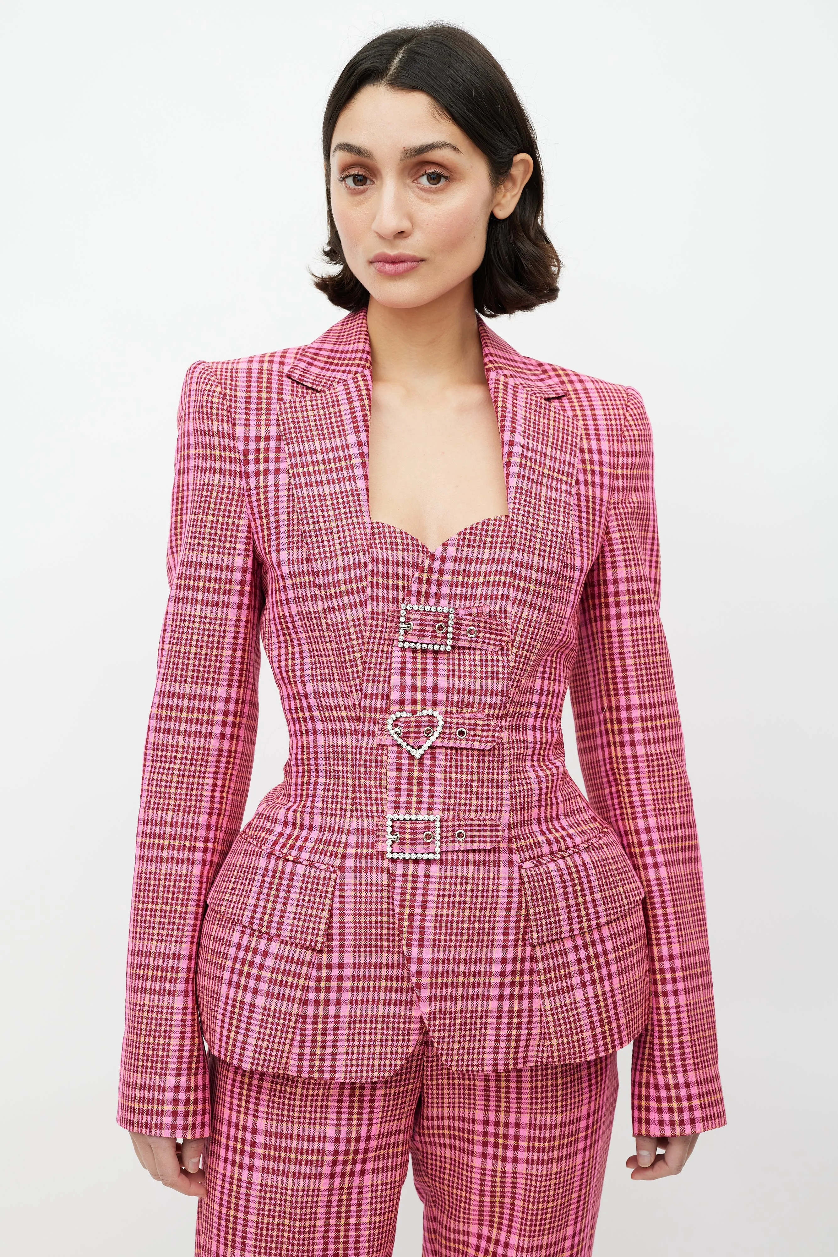 Pink & Multicolour Rhinestone Plaid Suit