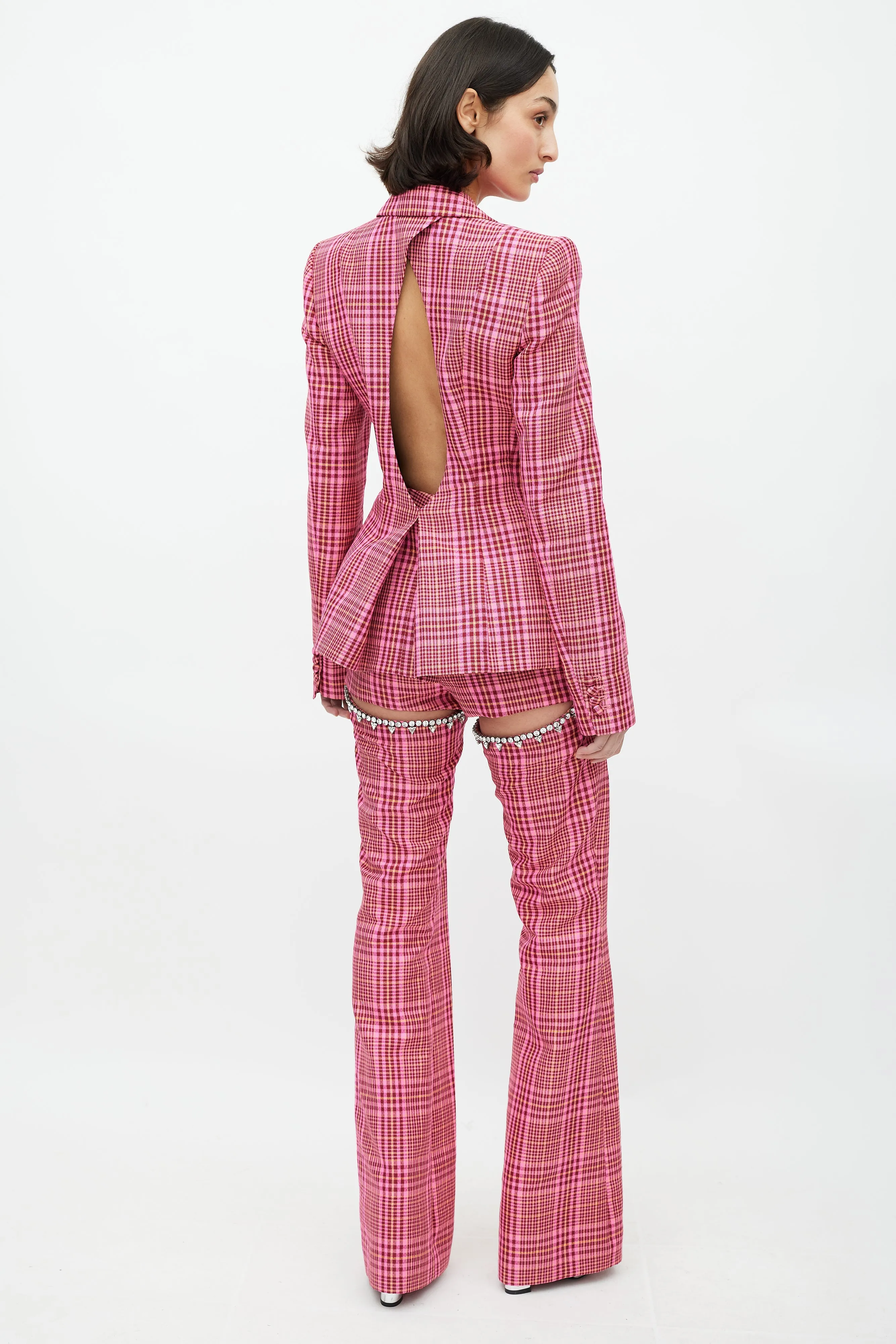 Pink & Multicolour Rhinestone Plaid Suit