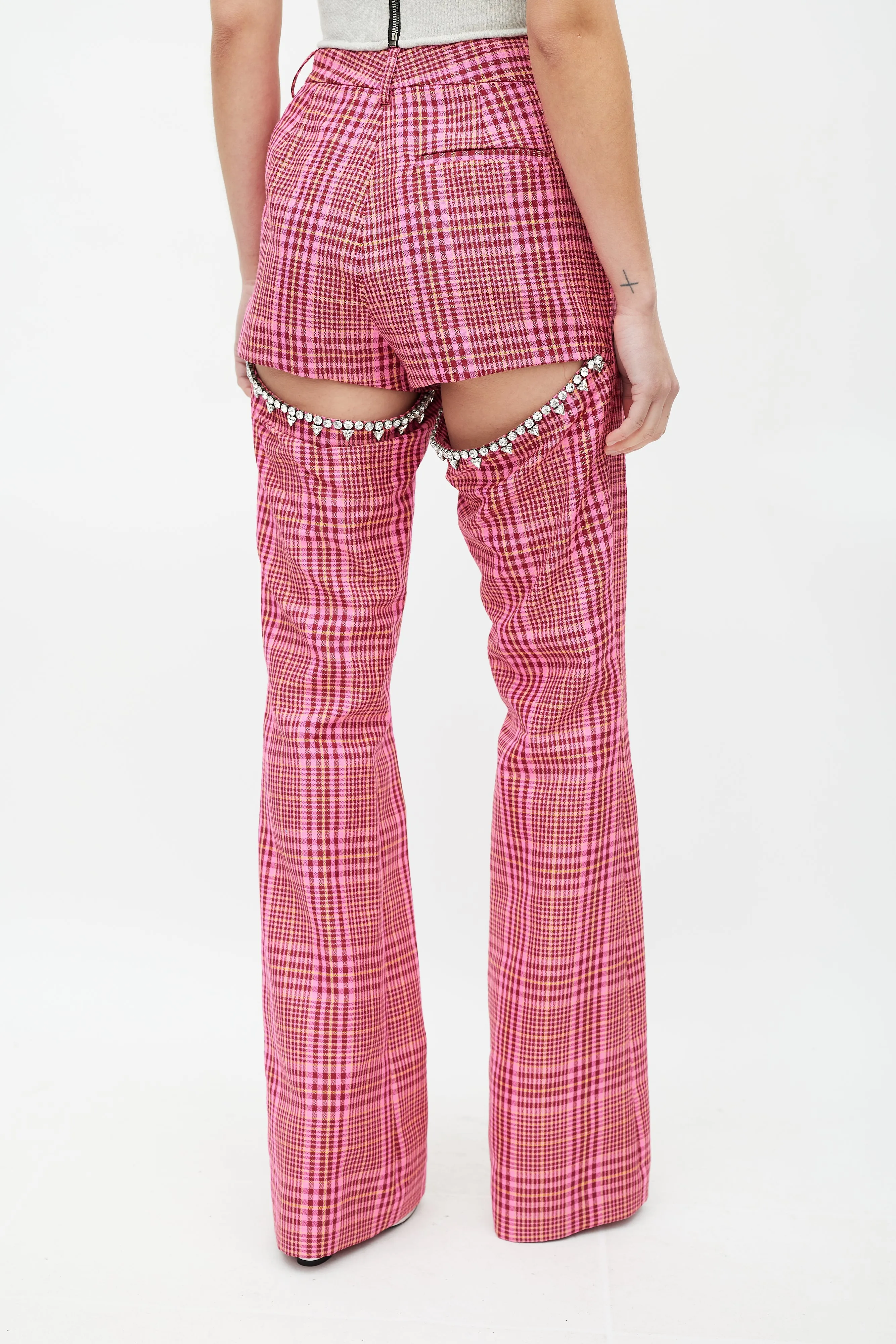 Pink & Multicolour Rhinestone Plaid Suit