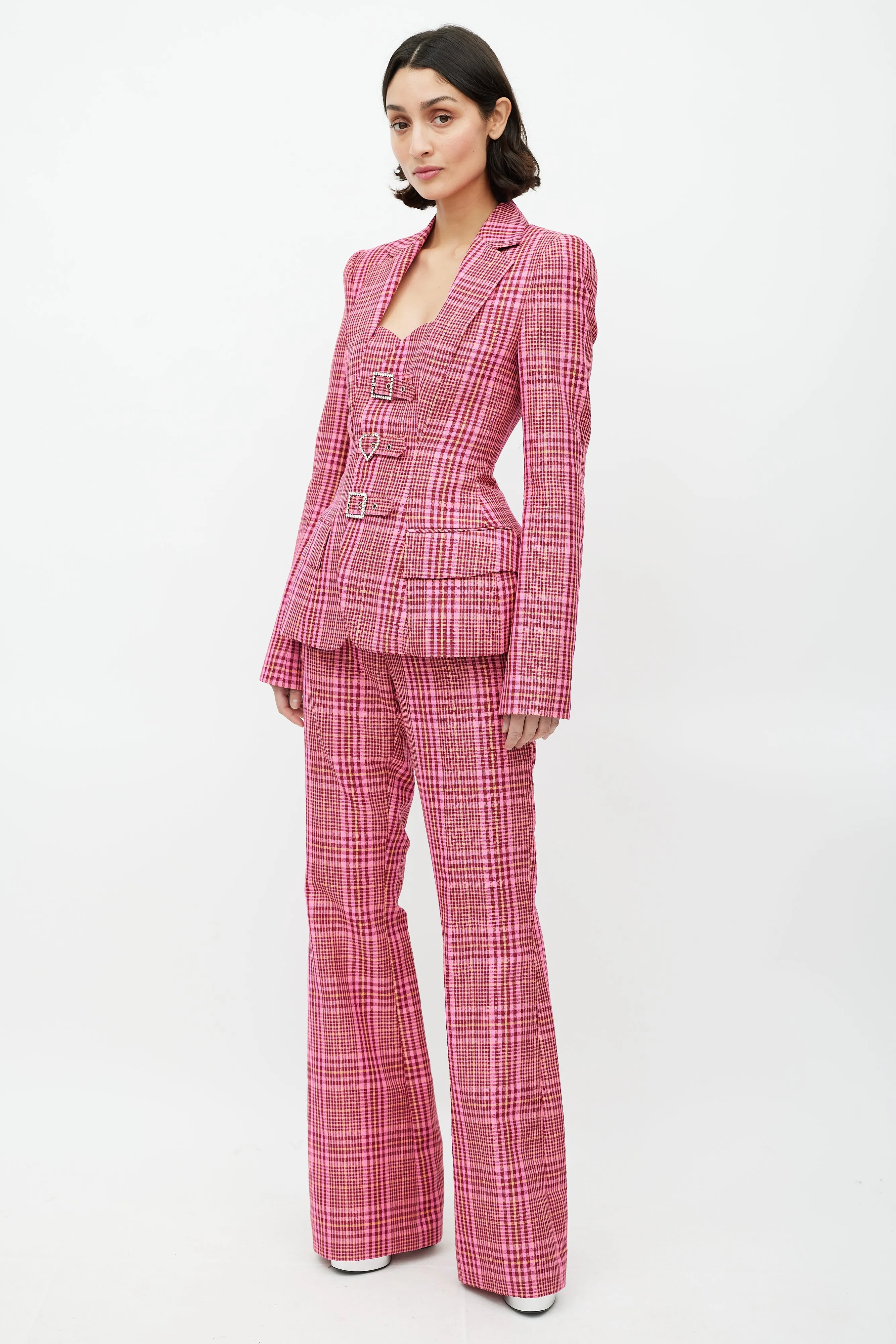 Pink & Multicolour Rhinestone Plaid Suit