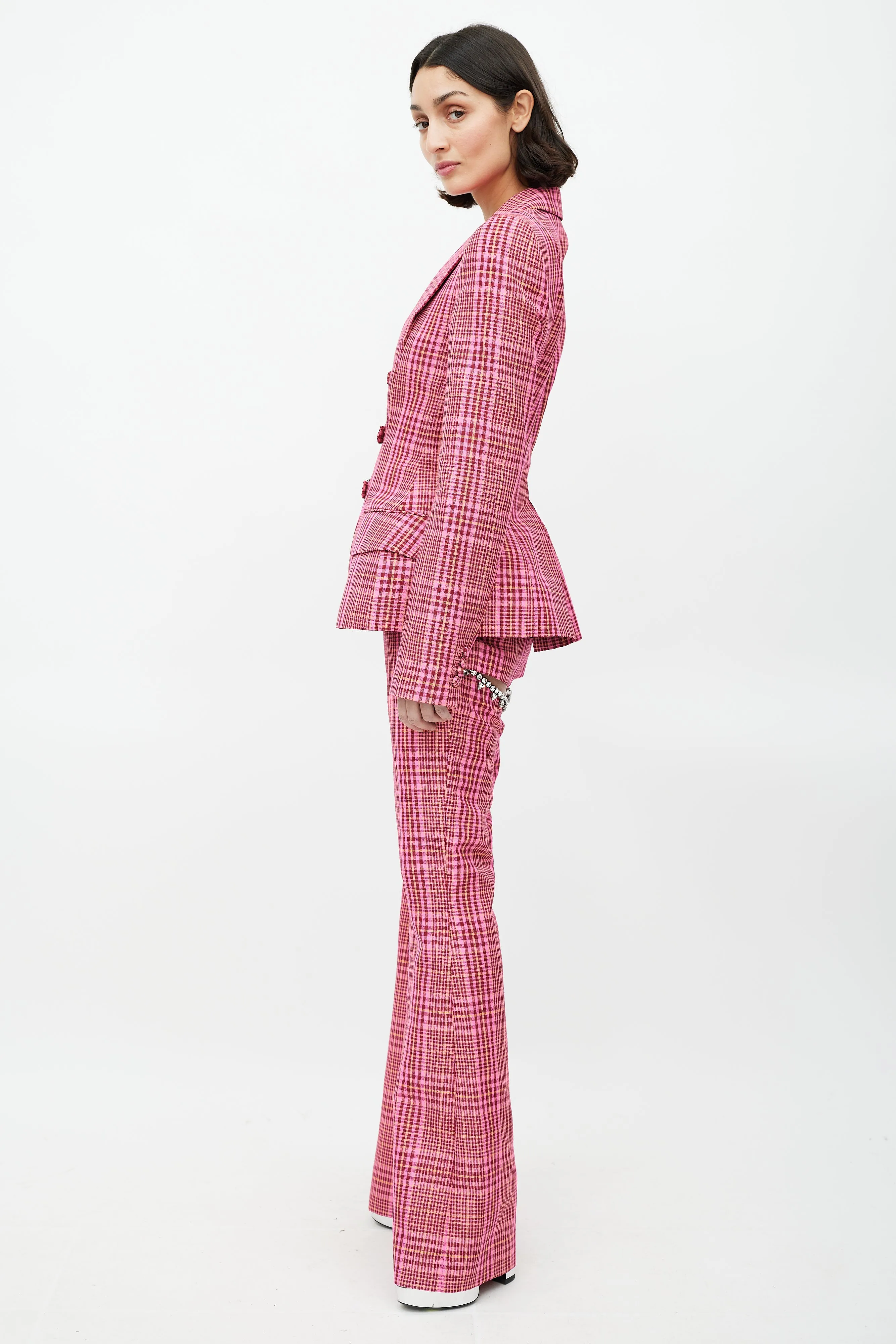 Pink & Multicolour Rhinestone Plaid Suit