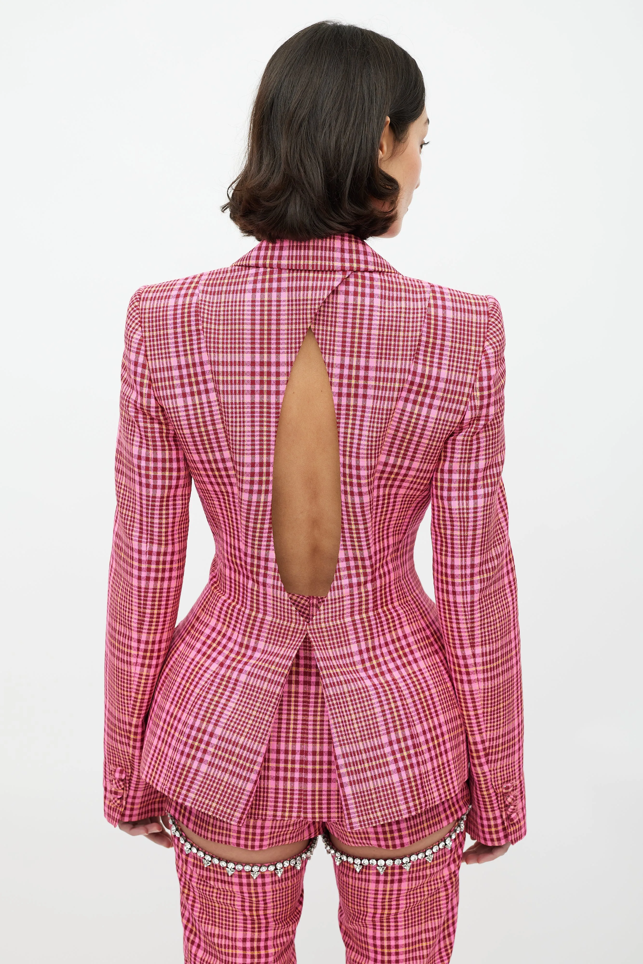Pink & Multicolour Rhinestone Plaid Suit