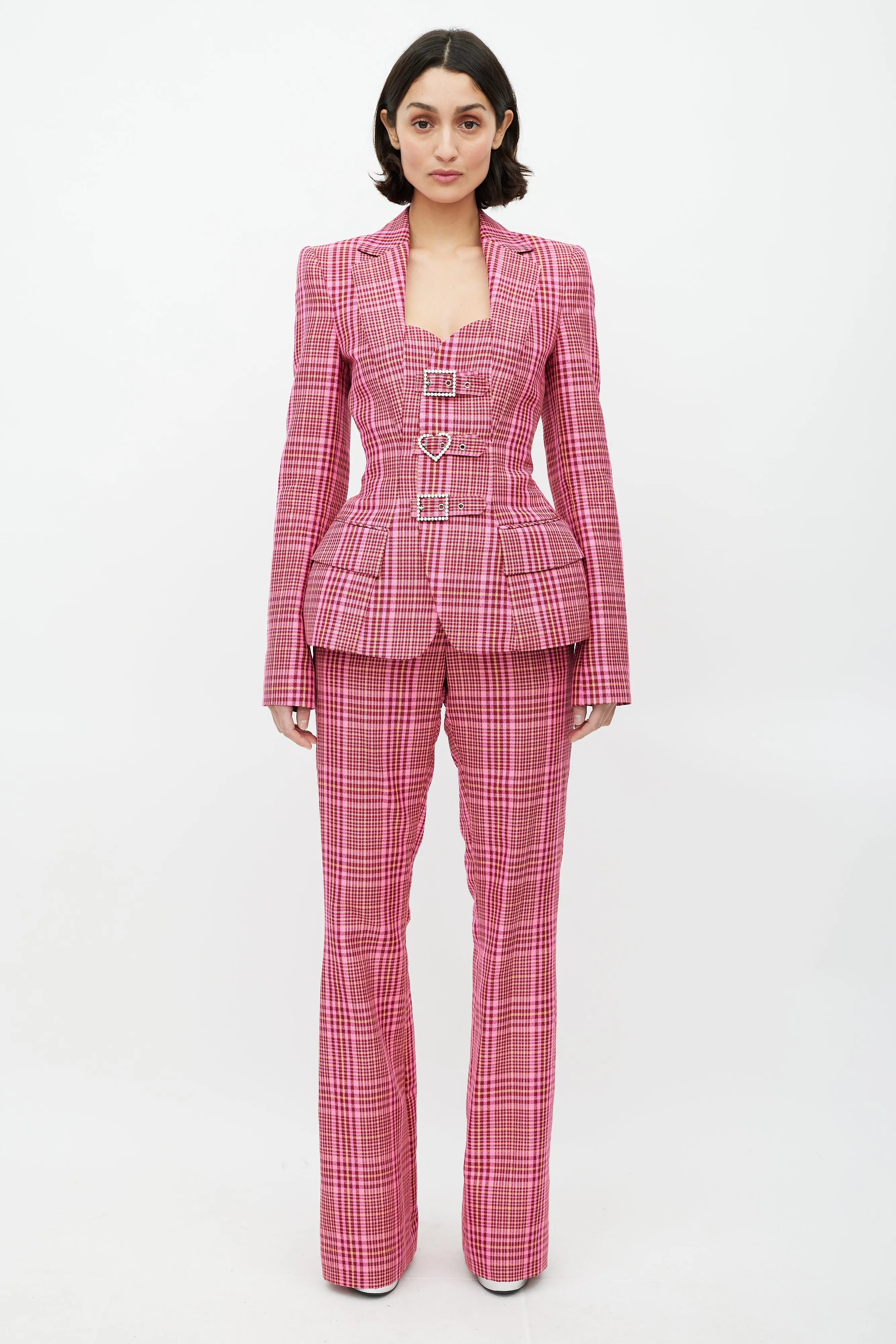 Pink & Multicolour Rhinestone Plaid Suit