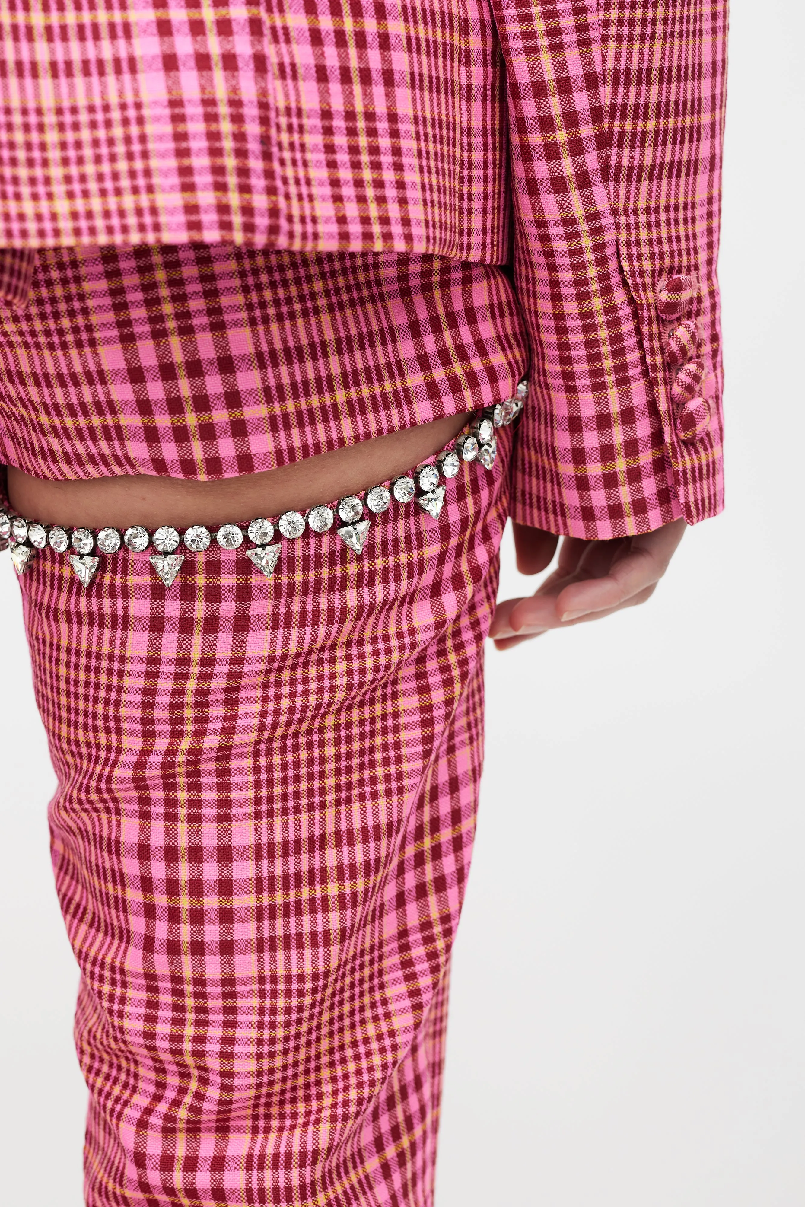 Pink & Multicolour Rhinestone Plaid Suit