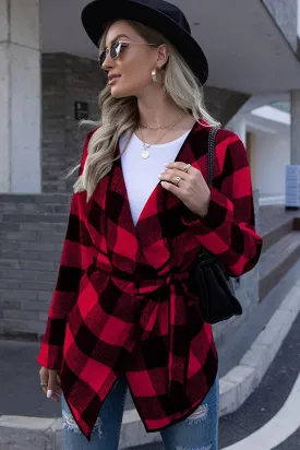 Plaid Tie Waist Suit Jacket