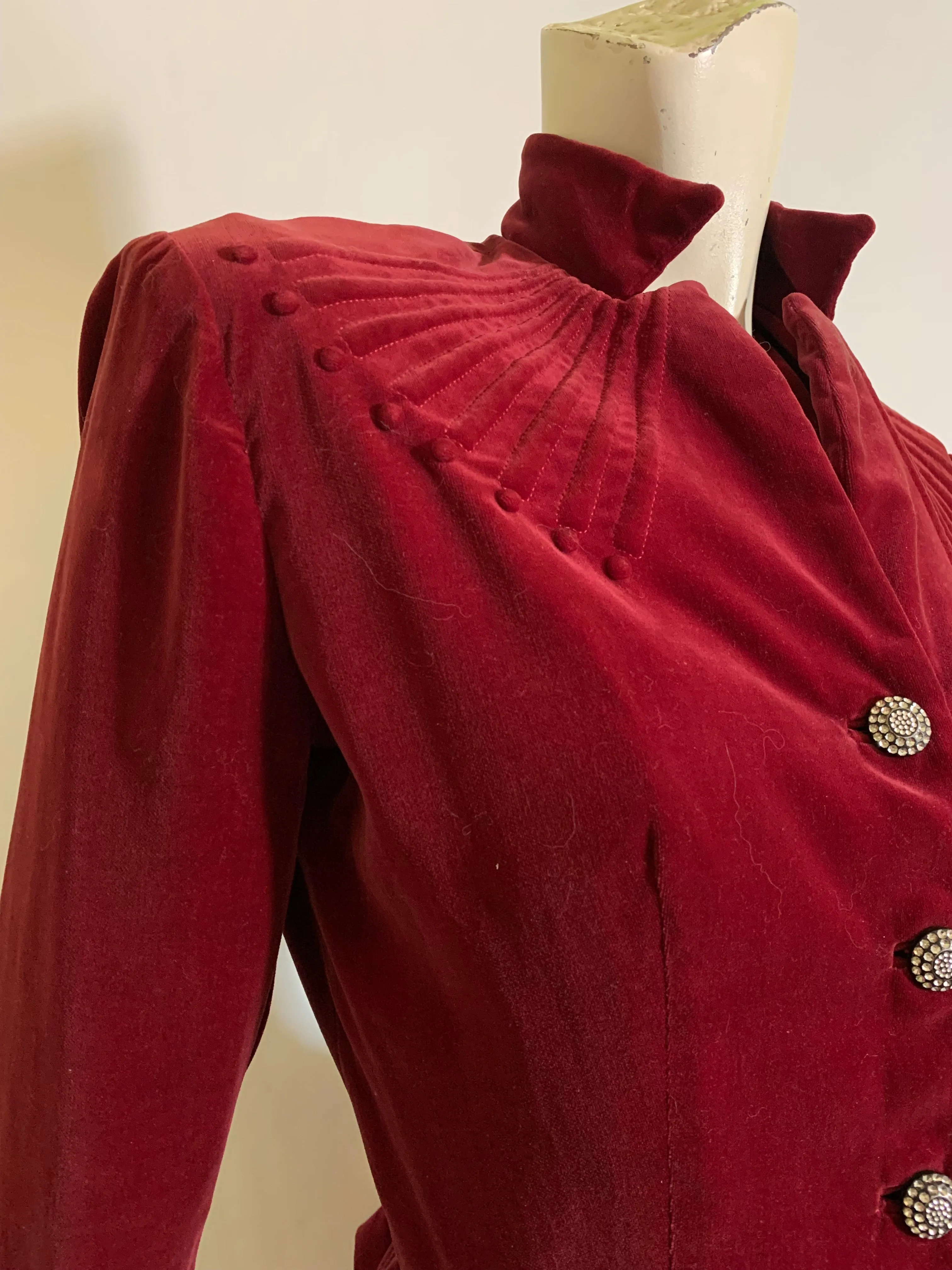 Plum Red Velvet Nipped Waist Suit with Trapunto Detailed Shoulders circa 1940s