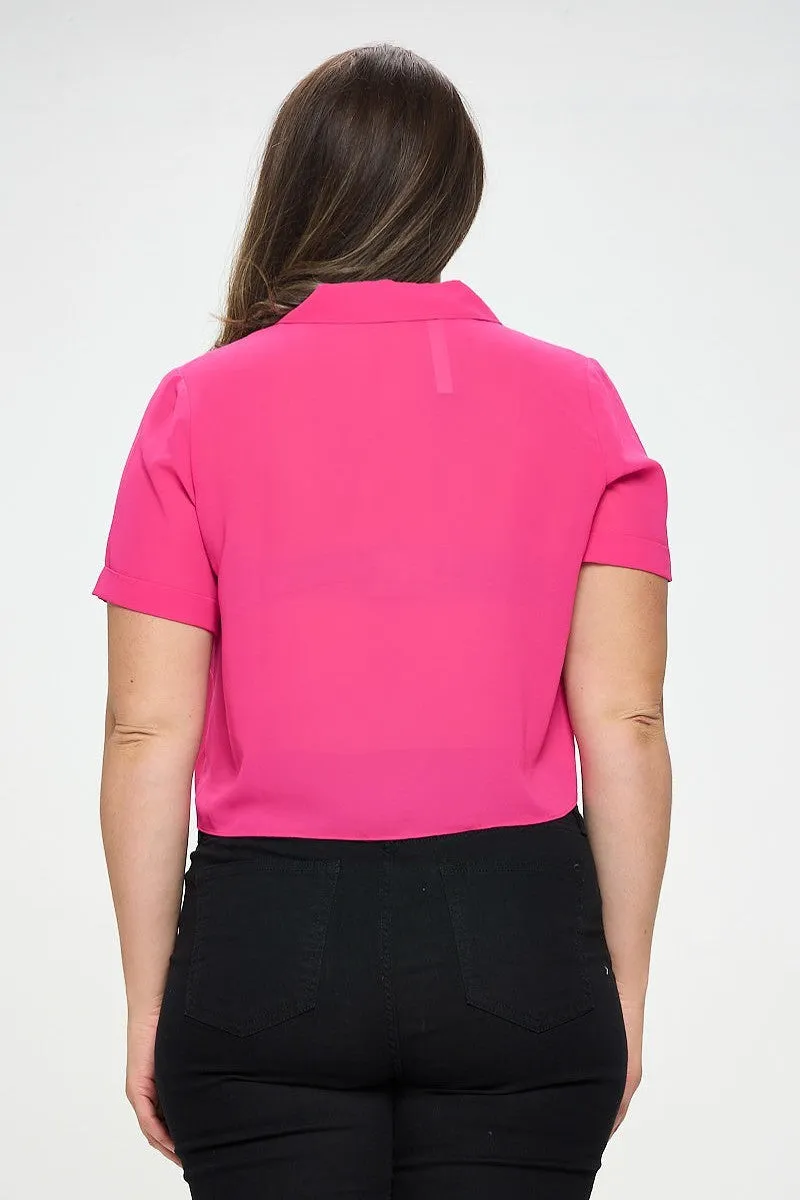 Plus Size Chiffon Tie Front Fuchsia Short Sleeve Top