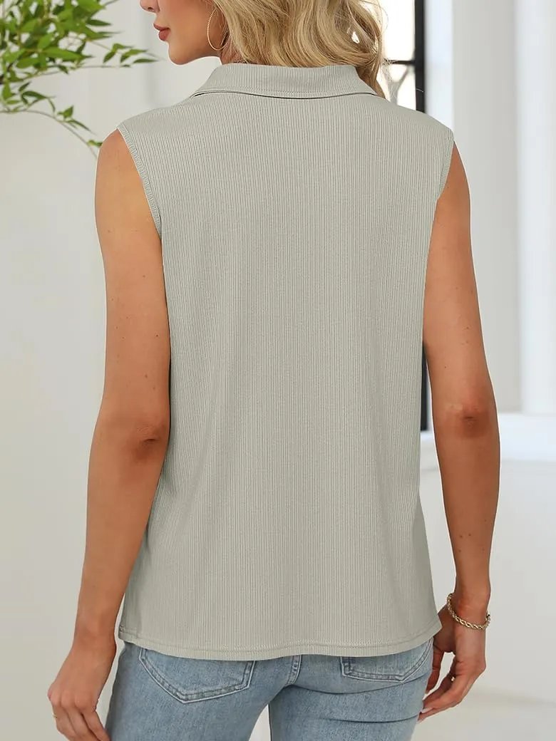 Poetsky Womens Summer Sleeveless Tank Top Zipper V Neck Collared Top Dressy Casual Ribbed Camisole Work Tank Polo Shirt