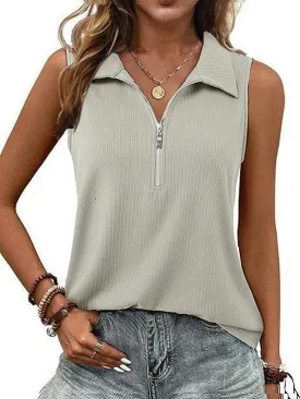 Poetsky Womens Summer Sleeveless Tank Top Zipper V Neck Collared Top Dressy Casual Ribbed Camisole Work Tank Polo Shirt