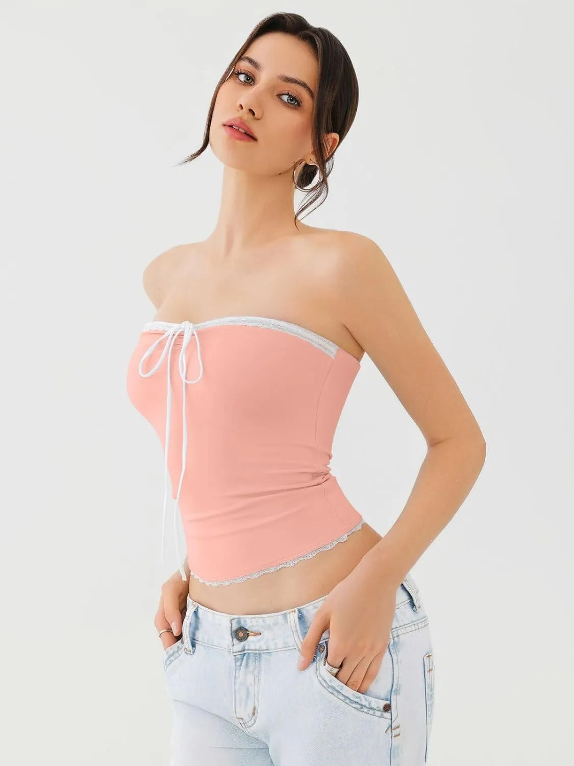 REORIA Women's Y2K Cute Tube Top Double Lined Strapless Backless Sleeveless Crop Top for Summer 2025 Going Out