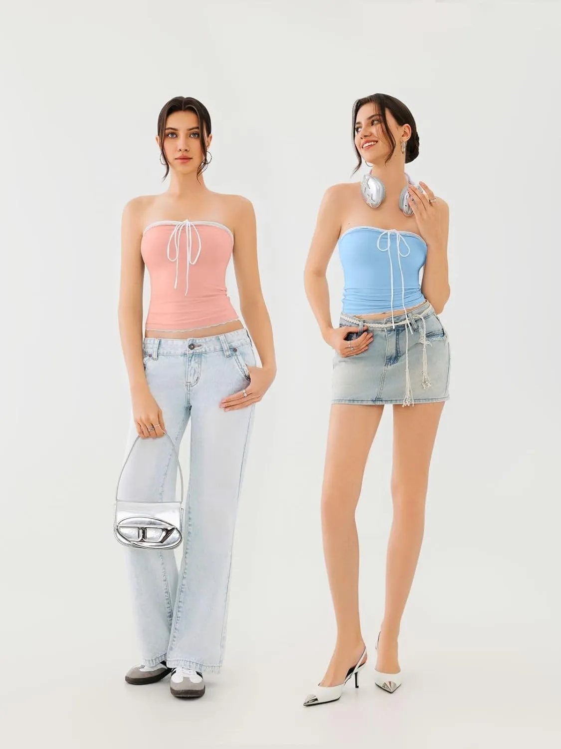 REORIA Women's Y2K Cute Tube Top Double Lined Strapless Backless Sleeveless Crop Top for Summer 2025 Going Out