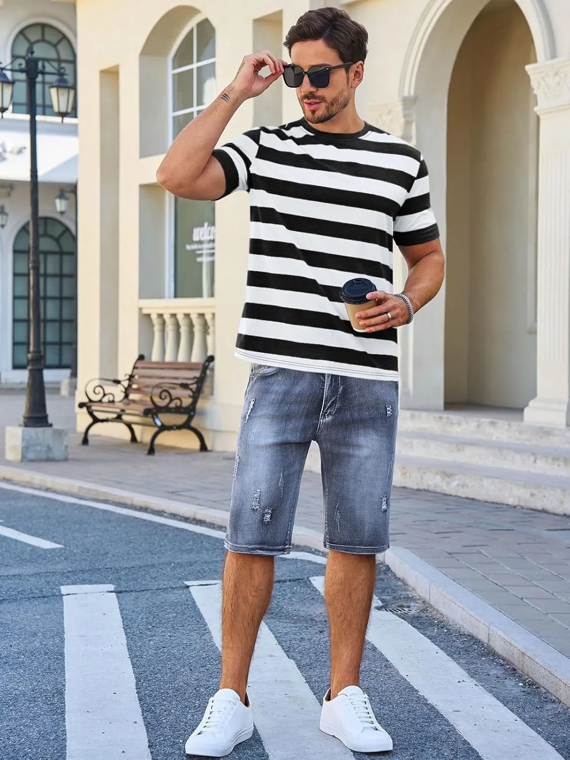 Runcati Mens Short Sleeve T-Shirts Striped Casual Crewneck Basic Shirt Color Block Stretch Summer Beach Tees