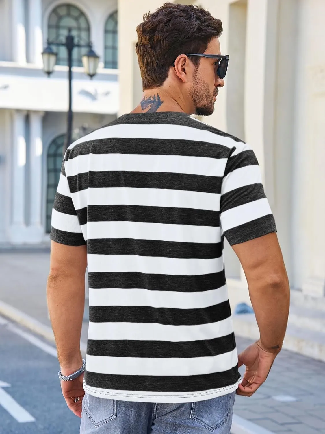 Runcati Mens Short Sleeve T-Shirts Striped Casual Crewneck Basic Shirt Color Block Stretch Summer Beach Tees