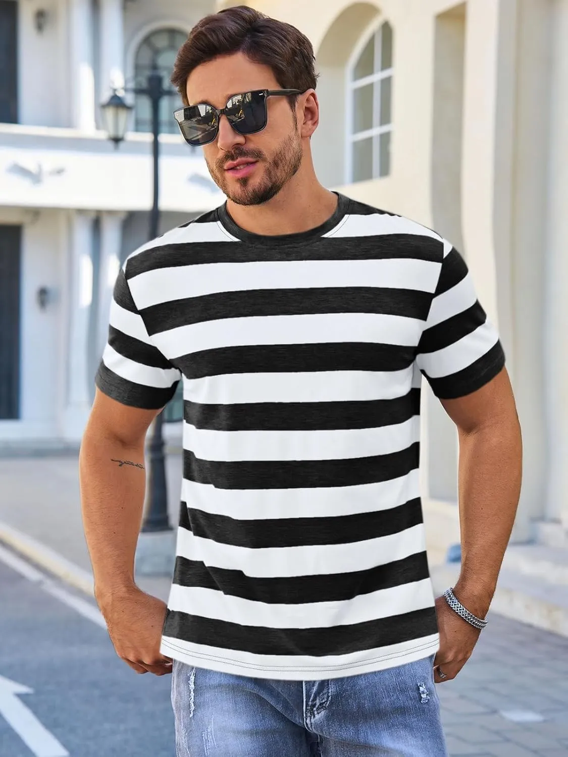 Runcati Mens Short Sleeve T-Shirts Striped Casual Crewneck Basic Shirt Color Block Stretch Summer Beach Tees