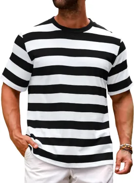 Runcati Mens Short Sleeve T-Shirts Striped Casual Crewneck Basic Shirt Color Block Stretch Summer Beach Tees
