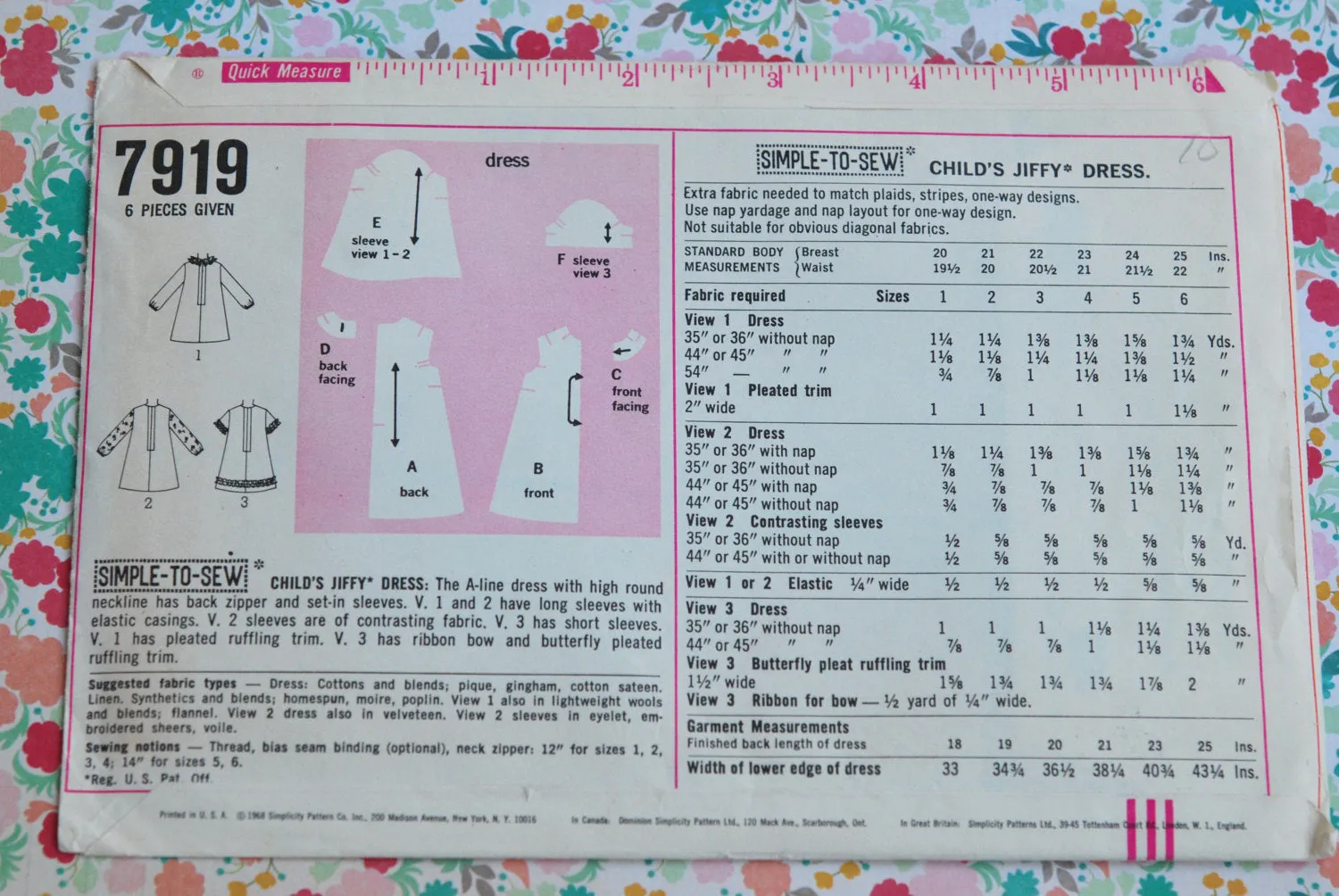 Simplicity 7919 Cute Toddlers Little Girls A Line Dress Pattern Three Style Versions Childs Vintage Sewing Pattern