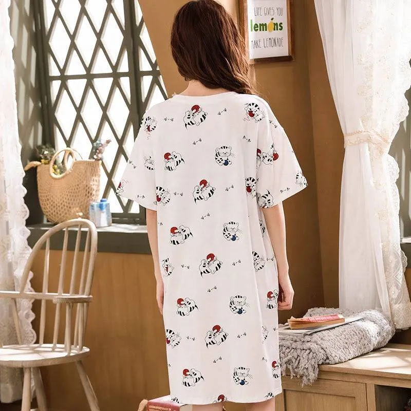 Sleep Wear Soft Cotton Blend Night Shirt Lounge Wear Cat Print XL 2XL 2XL