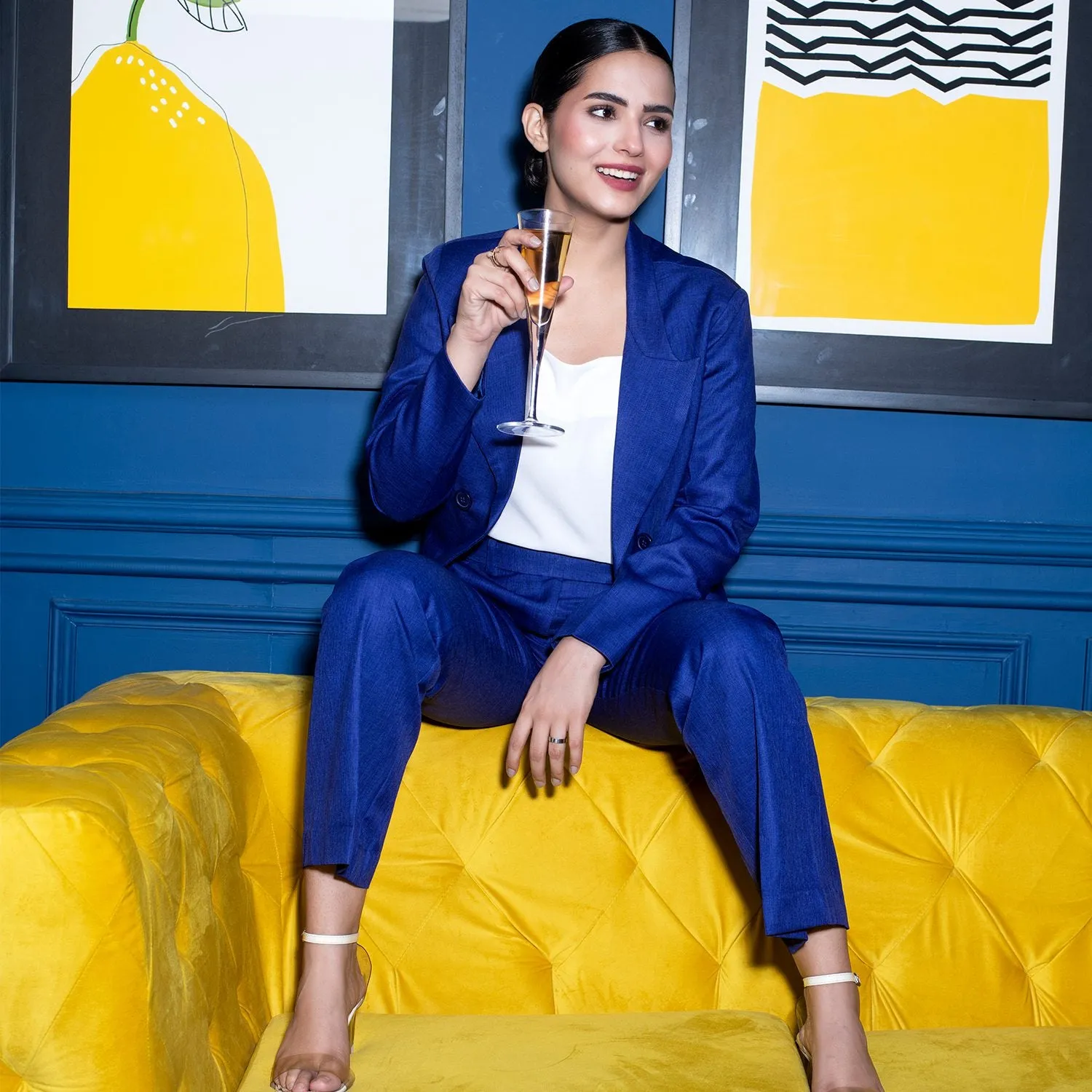 Stylish Women's Double Breast Pant Suit - Royal Blue
