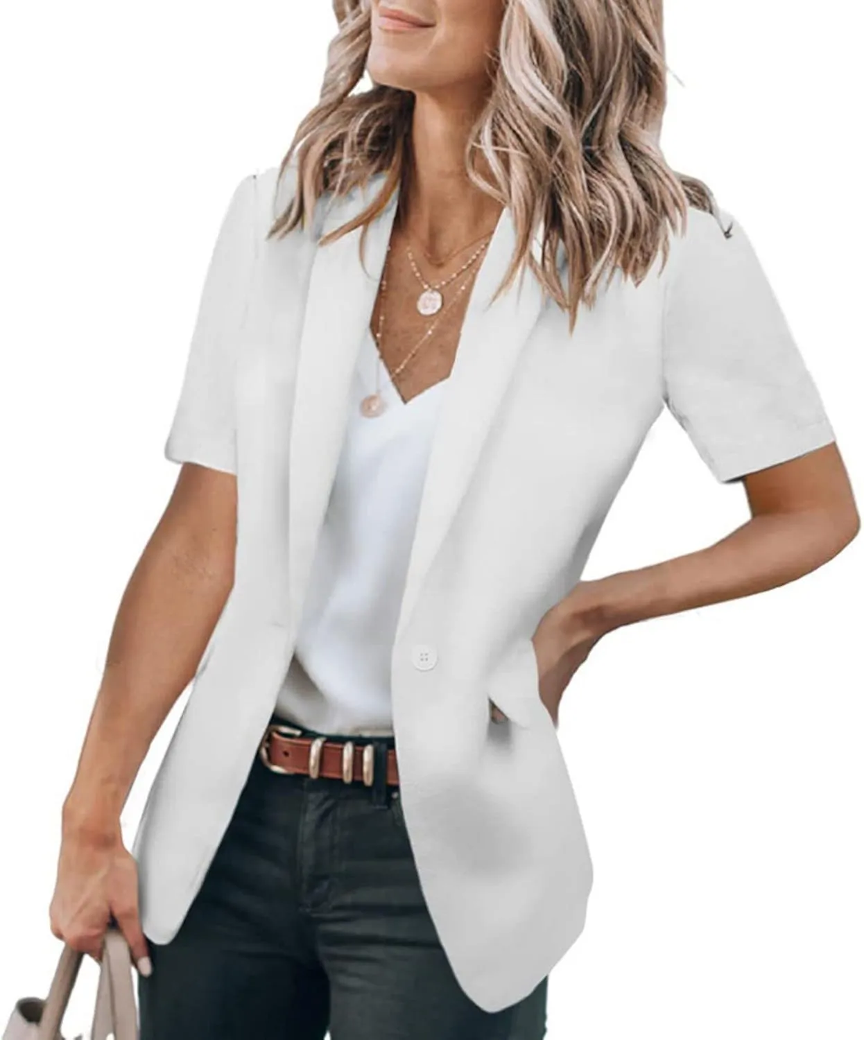 Summer Blazers for Women Lightweight Casual Lapel One Button Short Sleeve Jacket Business Open Front Office Blazers