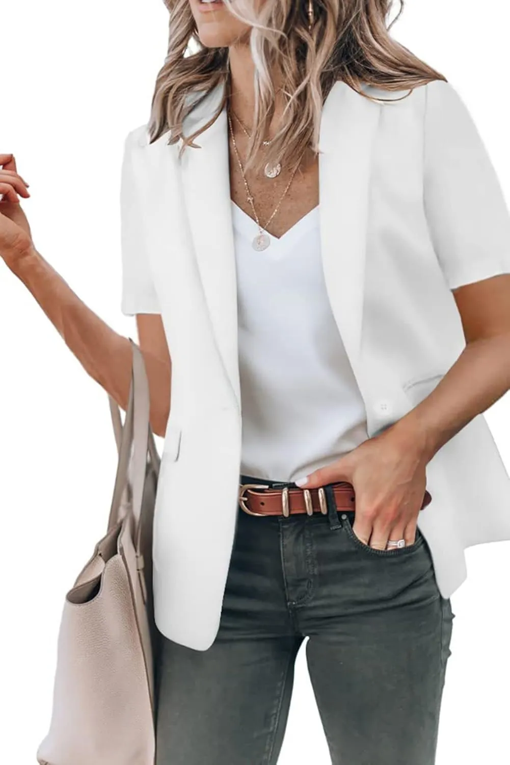 Summer Blazers for Women Lightweight Casual Lapel One Button Short Sleeve Jacket Business Open Front Office Blazers