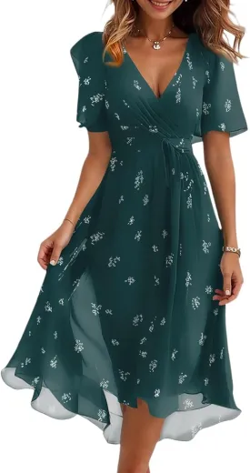 Summer Dresses for Women Boho Floral Printed Chiffon Dresses Elegant V Neck Wedding Prom Cocktail Midi Dress