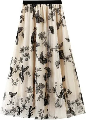 Tulle Skirts for Women High Waist Layered Floral Print Embroidery Mesh A-Line Skirt Party Dress