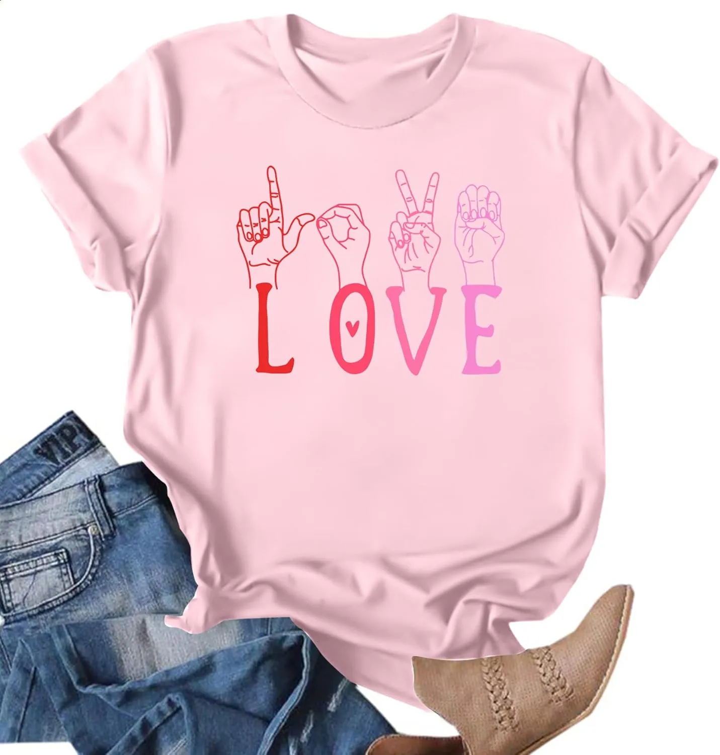 VVNTY Valentines Shirts Women Love Sign Tops Hand Language Graphic Tee