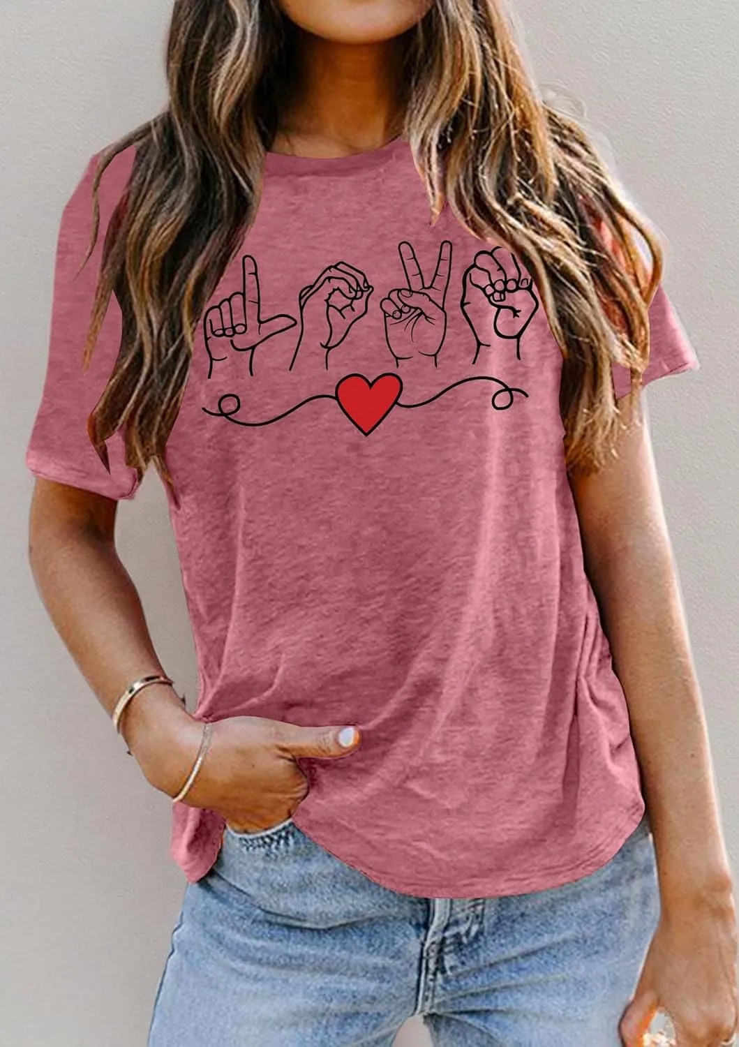 VVNTY Valentines Shirts Women Love Sign Tops Hand Language Graphic Tee