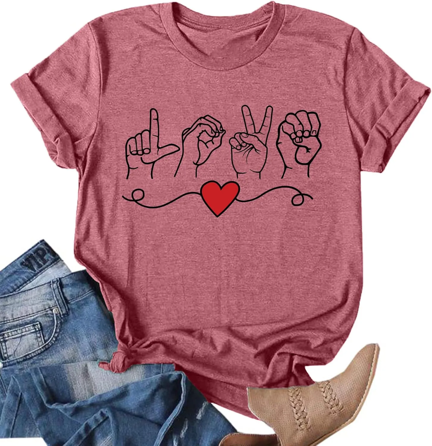VVNTY Valentines Shirts Women Love Sign Tops Hand Language Graphic Tee