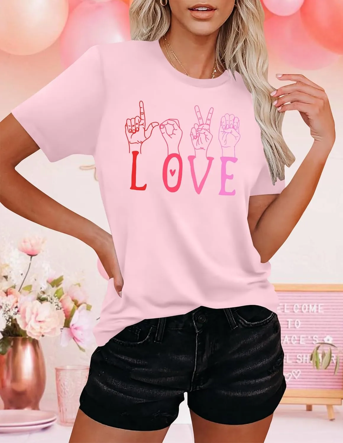 VVNTY Valentines Shirts Women Love Sign Tops Hand Language Graphic Tee