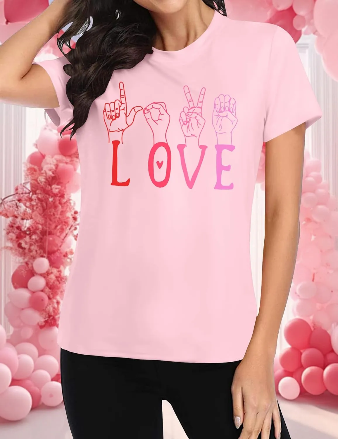 VVNTY Valentines Shirts Women Love Sign Tops Hand Language Graphic Tee