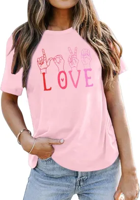 VVNTY Valentines Shirts Women Love Sign Tops Hand Language Graphic Tee