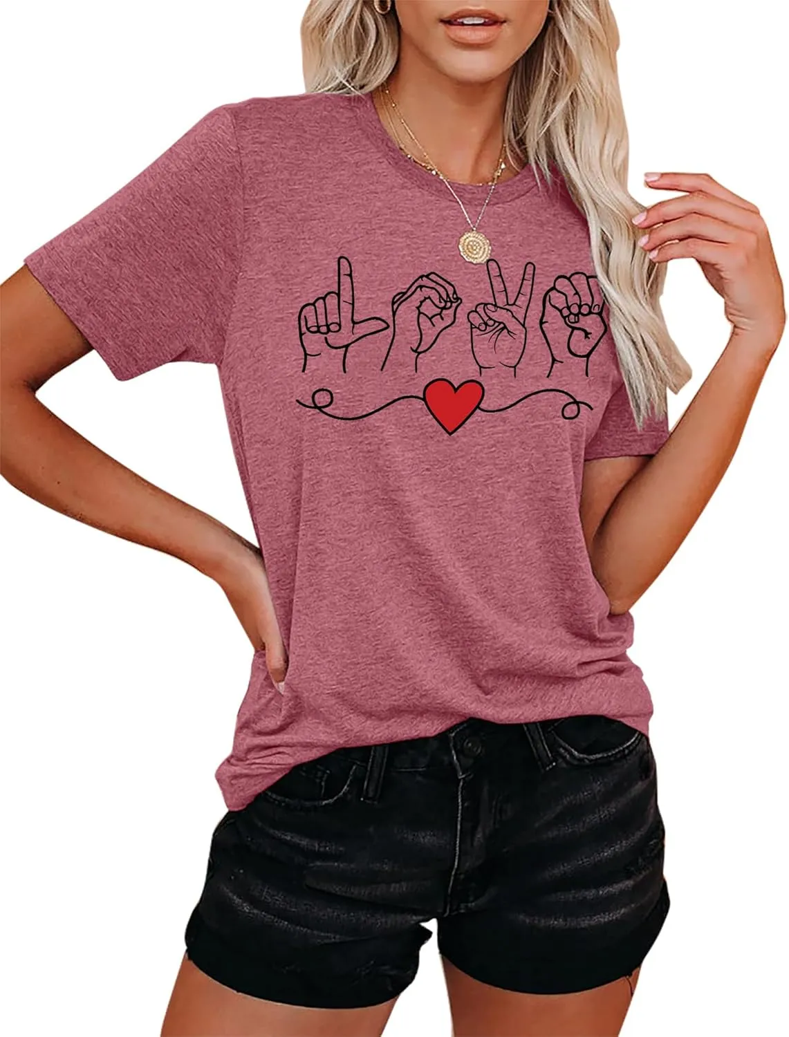 VVNTY Valentines Shirts Women Love Sign Tops Hand Language Graphic Tee