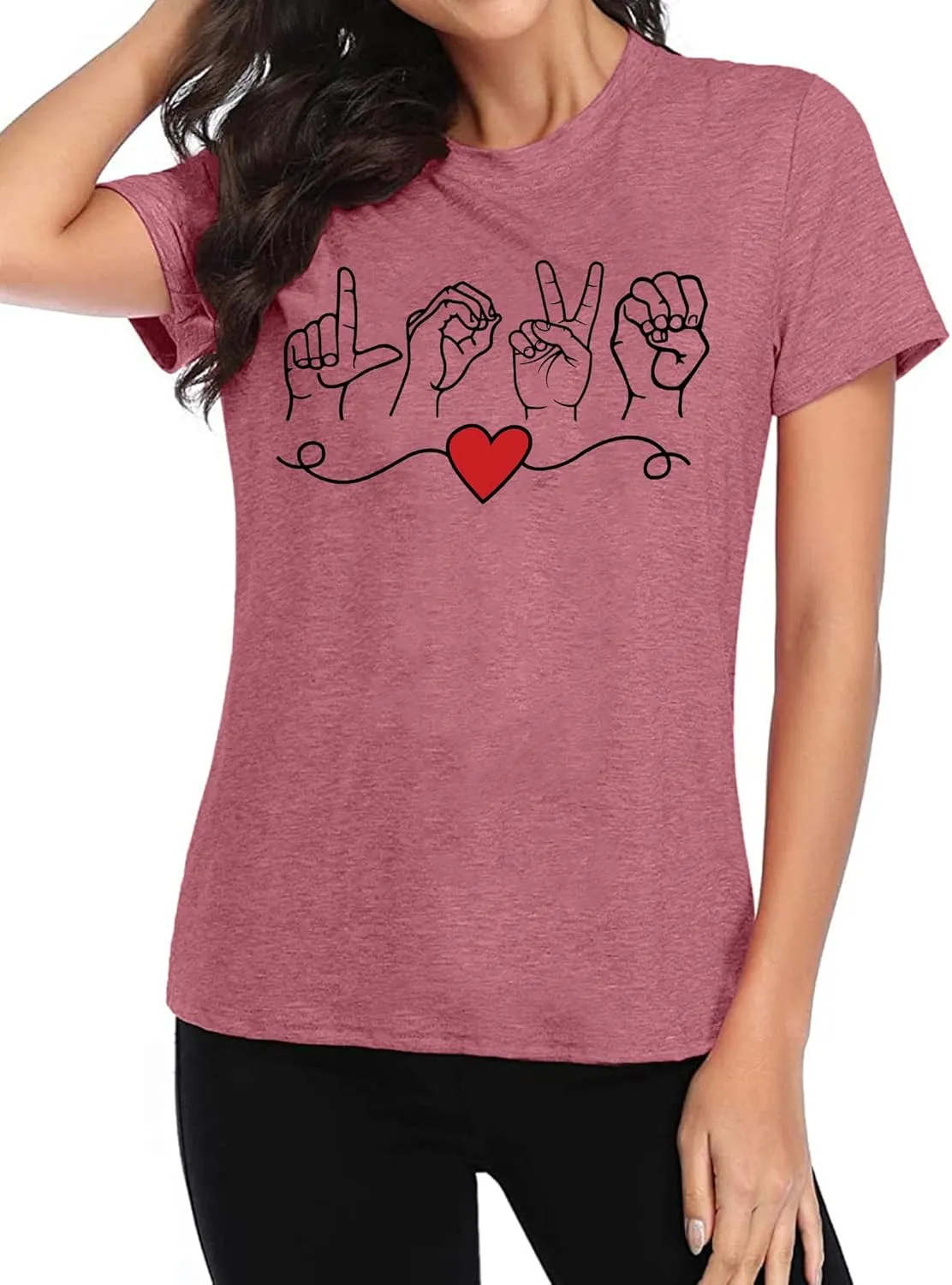 VVNTY Valentines Shirts Women Love Sign Tops Hand Language Graphic Tee