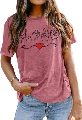 VVNTY Valentines Shirts Women Love Sign Tops Hand Language Graphic Tee