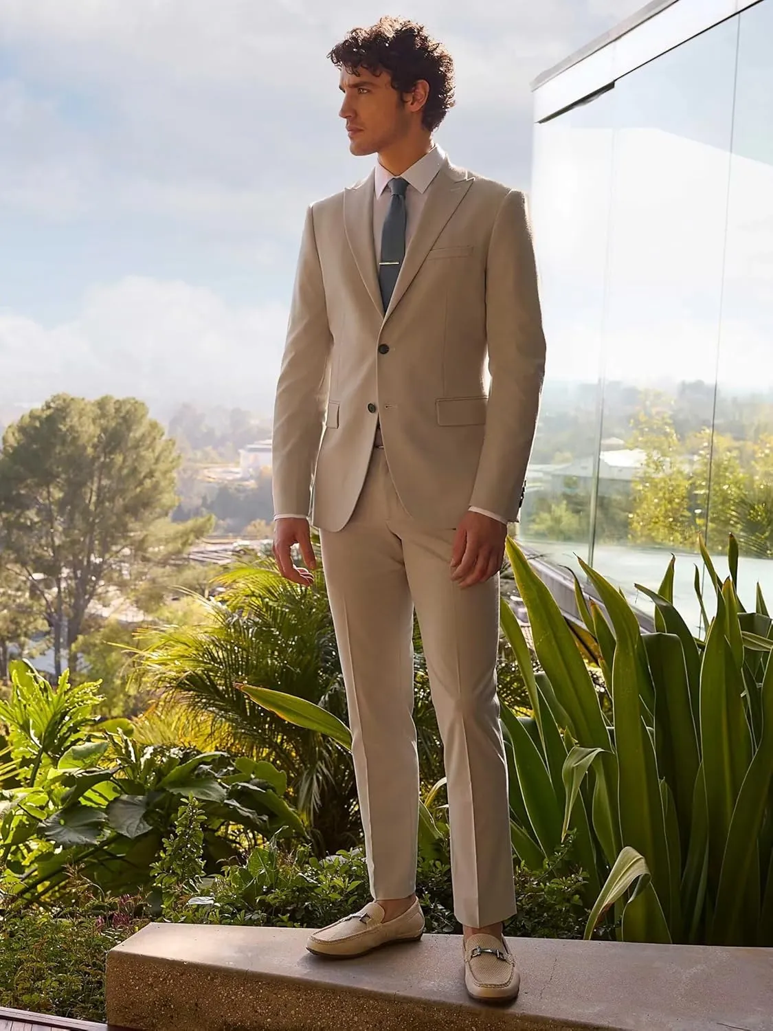 Wangyue Men's 2 Piece Suit Slim Fit Suits for Men Two Button Blazer Formal Business Jacket Suit for Wedding Prom Dinner